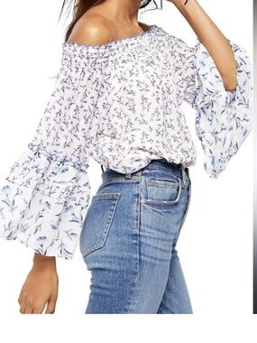 Free People Rose Valley Off Shoulder ivory combo Blouse Top SZ L